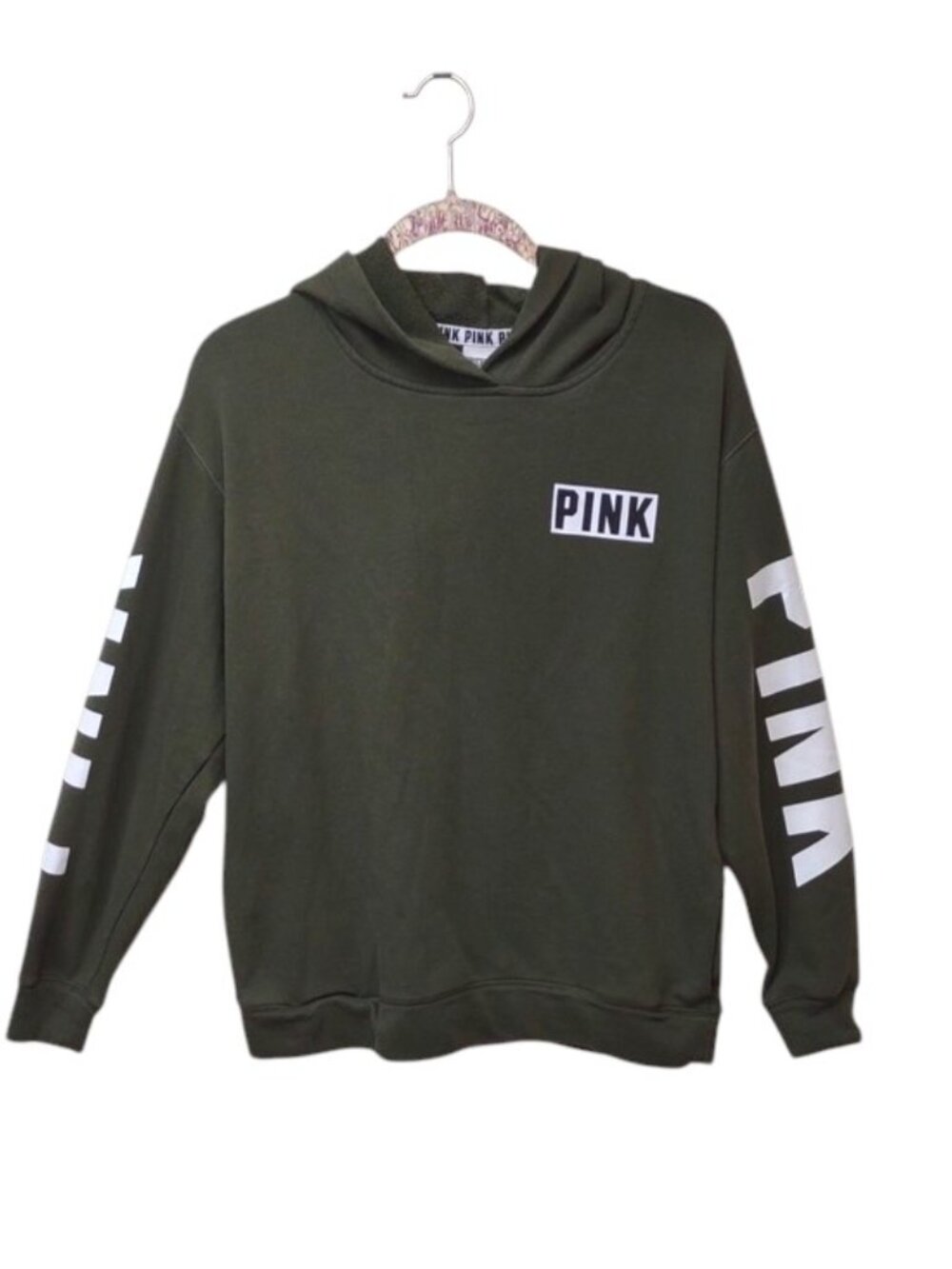 PINK VS Women's Olive Green Hoodie White Chest Logo & Sleeve Spell Out Pockets